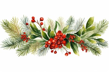 Colorful watercolor Christmas banner with leaves, berries, and pine tree design. Generative AI