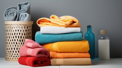 Obraz na płótnie Canvas Clean color towels in bathroom. Modern interior.