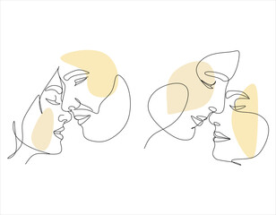 Couple Faces One Line Drawing. Couple Kissing Creative Contemporary Abstract Line Drawing. Woman and Man Modern Vector Minimalist Design for Wall Art, Print, Card, Poster.