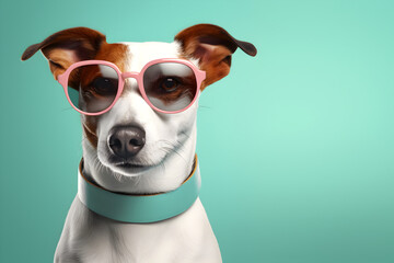 Creative animal concept. Russel Terrier dog puppy in sunglass shade glasses isolated on solid pastel background, commercial, editorial advertisement, surreal surrealism