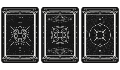 Tarot cards with mystical magic symbols, occult signs, all-seeing eye, occult tribal marks, vector