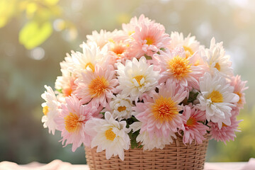 Asters  flowers in a basket, place for a text 