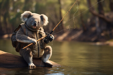 cute koala animal is fishing - obrazy, fototapety, plakaty