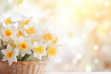 Daffodils  flowers in a basket, place for a text 