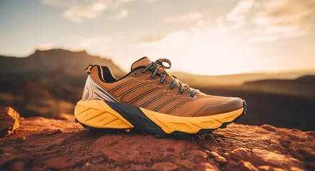 Tuinposter Running shoes isolated on a desert background landscape © saulo_arts