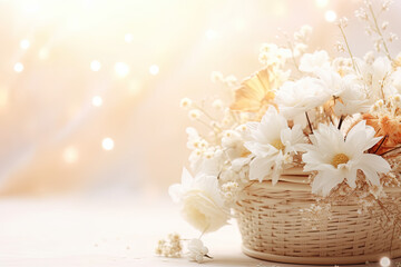 Fototapeta na wymiar Field flowers in a basket, place for a text 