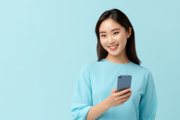 Fototapeta premium Youthful Asian Woman in Blue Shirt Holds Smartphone with Vibrant Energy - Modern Lifestyle and Connectivity Concept
