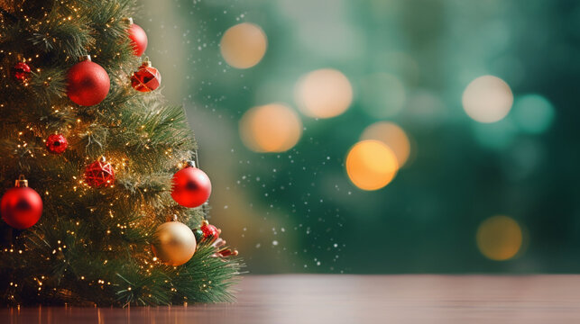 Christmas tree with ornaments against a defocused Lights Background, with space to the right for text.