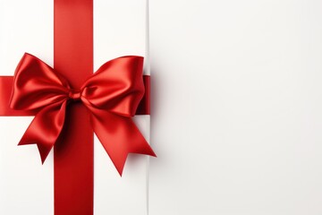 Christmas gift box with red ribbon bow isolated on white background, top view