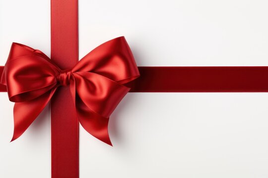 Christmas present wrapping. Red ribbon bow isolated on white background, top view