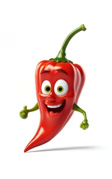 Cheerful red chili pepper, funny cartoon 3d character on white background