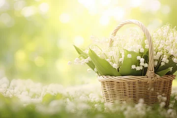 Fotobehang Lilly of the valley  flowers in a basket, place for a text  © reddish