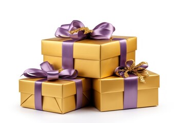 Obraz premium Gift boxes with ribbon bow stack isolated on white background, 