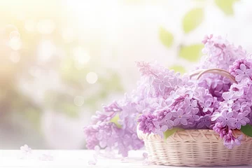 Zelfklevend Fotobehang Lilac  flowers in a basket, place for a text  © reddish