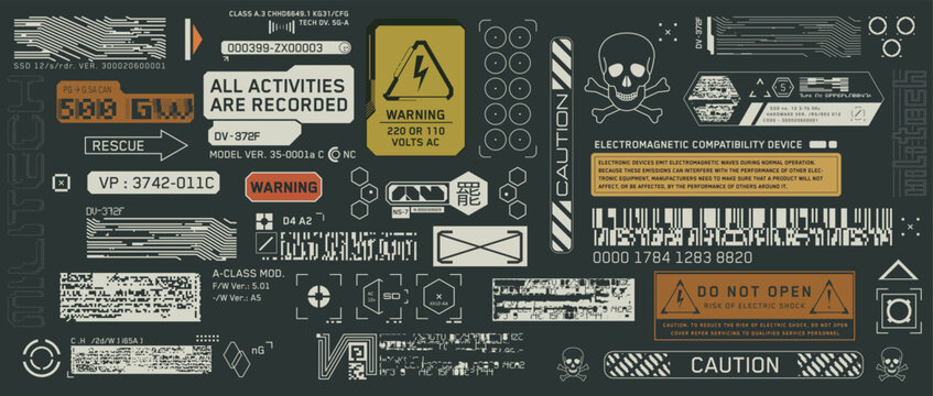 Cyberpunk decals set. Set of vector stickers and labels in futuristic style. Warning signs, futuristic Inscriptions and technical symbols. Chinese hieroglyphs for Stop