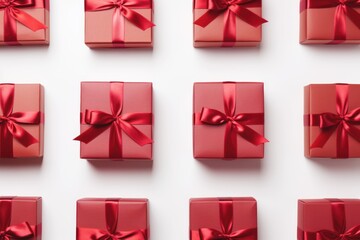 Red gift boxes with ribbon bows on white background, top view. Christmas presents flat lay