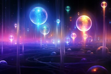 Vibrant celestial orbs amidst cosmic mist. Generative AI