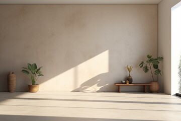 Simplistic room with neutral backgrounds, concrete floor, sunlight, comfortable home atmosphere, plant. Versatile space for office and living areas. Visual representation. Generative AI