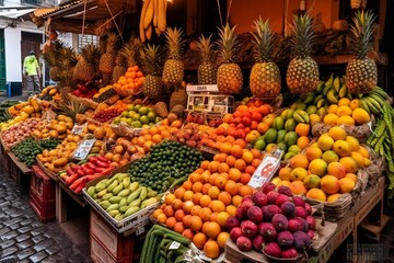 Colorful assortment of tropical fruits and vegetables in an open-air market in Funchal, Madeira, Portugal. Generative AI
