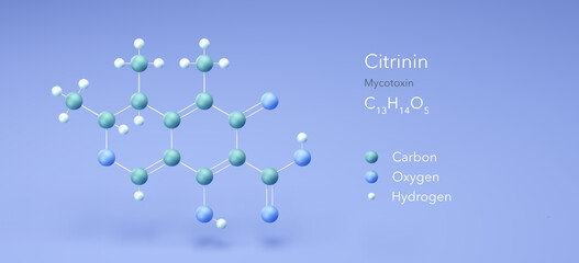 citrinin molecule, molecular structures, mycotoxin, 3d model, Structural Chemical Formula and Atoms with Color Coding