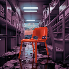  A chair in a classroom with a orange collage 
