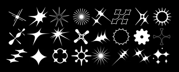 Deurstickers Set of geometric logos space explosion, dazzling flash. Modern bold brutalist objects and shapes of the sun and stars. Colorful minimalistic figures silhouettes. Contemporary design. © crocolot