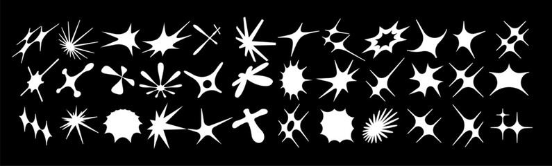 Set of geometric logos space explosion, dazzling flash. Modern bold brutalist objects and shapes of the sun and stars. Colorful minimalistic figures silhouettes. Contemporary design.