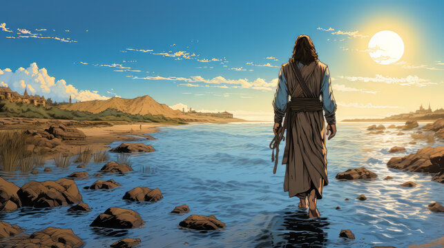 Jesus Christ walking on sea waters against the backdrop of the rising sunJesus Christ walking on the sea waters