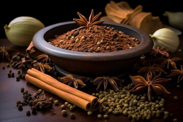 A blend of star anise, fennel seeds, peppercorns, cloves, and cinnamon stick. Generative AI
