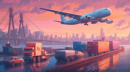 Transportation concept with ship, truck and airplane