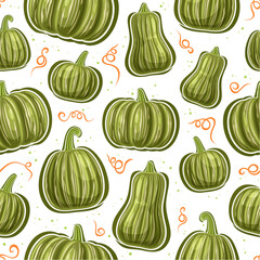 Vector Kabocha Seamless Pattern, square repeat background with cut out illustrations of ripe whole various pumpkins and orange twisted stalk for wrapping paper, collection of flying flat lay kabocha