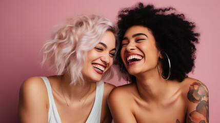 Two interracial best friends laughing and having a good time together in a studio, Generative AI 