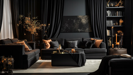 Czarny pokój z sofą zasłonami i poduszkami - obrazy, fototapety, plakaty