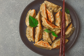japanese fried dumplings, gyoza, sesame seeds, top view, no people,