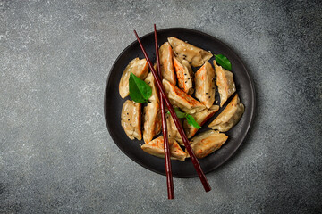 japanese fried dumplings, gyoza, sesame seeds, top view, no people,