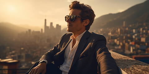 Handsome young man in sunglasses sitting on the balcony and enjoying the view of the city