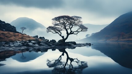 Lone tree amidst foggy mountains.