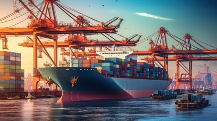 Fototapeta premium Fright transportation with huge cargo ship full of containers
