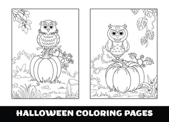 Halloween Owl and pumpkin coloring pages for kids. Pumpkin themed outlined for coloring page on white background.