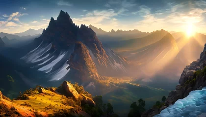 Foto op Plexiglas a high mountain landscape as the sun rises, casting long shadows. Generate AI © FatimaBaloch