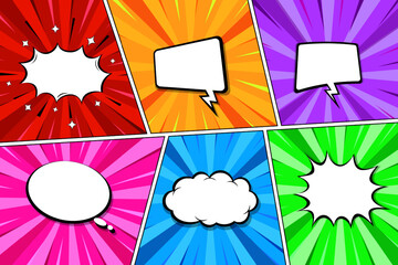 Cartoon comic backgrounds set. Speech bubble. Comics book colorful poster. Retro Pop Art style. Vector illustration.