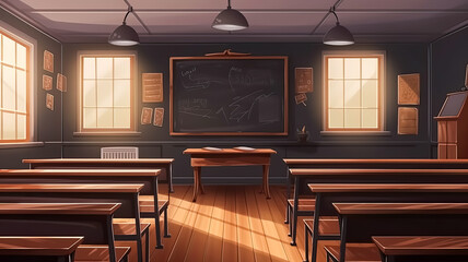 Empty classroom with blank blackboard for template and background, Generative Ai