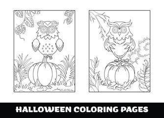 Halloween Owl and pumpkin coloring pages for kids. Pumpkin themed outlined for coloring page on white background.