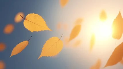 Foto auf Acrylglas Golden autumn scene with a Sunny Days palette, falling leaves against a blue-sky backdrop © Mustafa