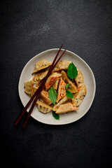 japanese fried dumplings, gyoza, sesame seeds, top view, no people,