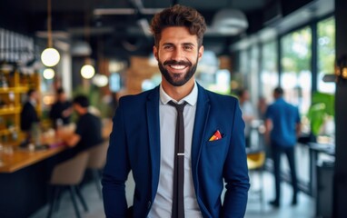 Fototapeta premium Businessman look happy moment in office background
