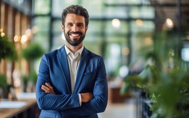 Fototapeta premium Businessman look happy moment in office background