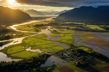 An aerial view of sunrise over Fraser River and farms near Chilliwack City in British Columbia, Canada. Generative AI - obrazy, fototapety, plakaty