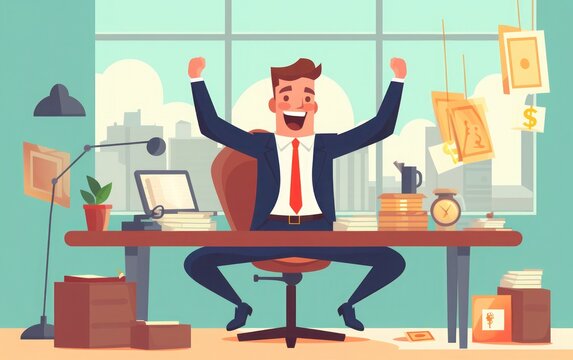 Businessman look happy moment in office background