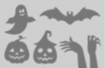 Halloween shadow overlay, isolated vector ghost, pumpkin faces, flying bat and hands shades on the wall with natural light effect. Silhouettes of funny smiling spook, gesturing arms and jack lantern